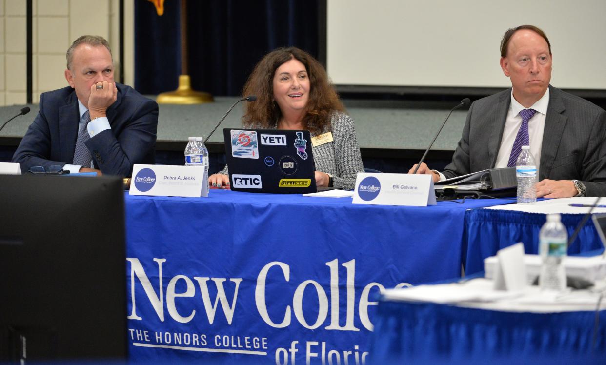 President Richard Corcoran, left, Debra Jenks and Bill Galvano attend a New College board meeting in April 2023. Meetings have been tumultuous since Gov. Ron DeSantis packed the board with his appointees as part of a conservative overhaul.