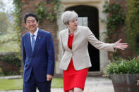 Britain's Prime Minister Theresa May shows Prime Minister Shinzo Abe of Japan around the garden during a visit to Chequers, near Wendover, Britain April 28, 2017. REUTERS/Kirsty Wigglesworth/Pool