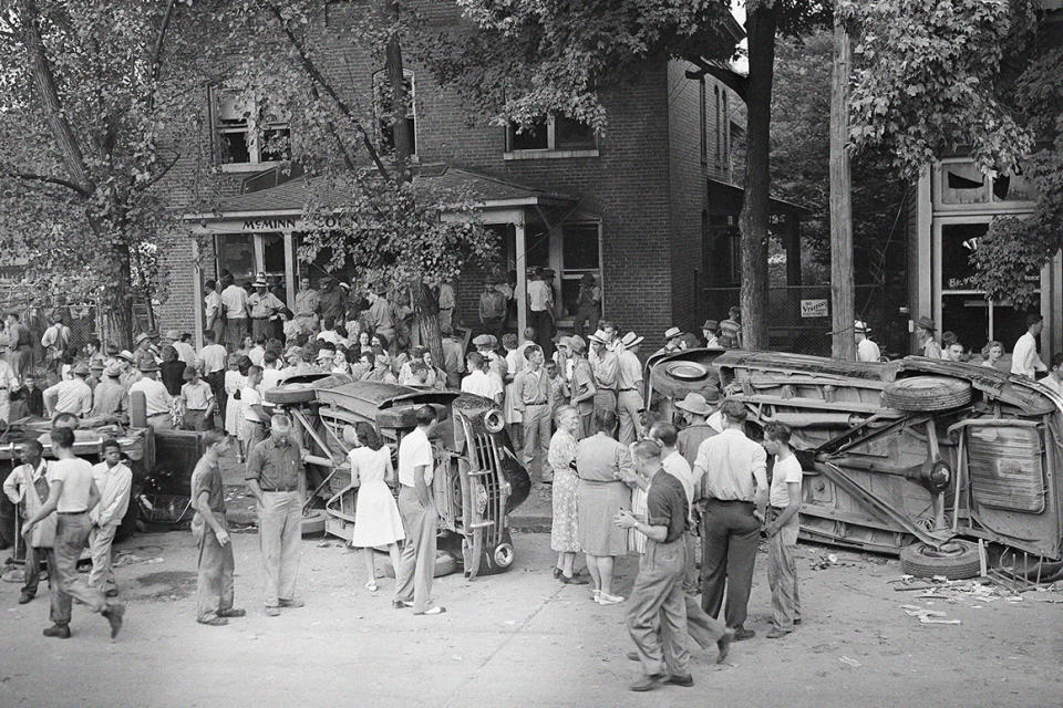 The scene in front of the McMinn County jail in Athens, Tennessee, the morning after the GIs fought the deputies barricaded inside the jail. The GIs controlled the county in the aftermath of the battle.