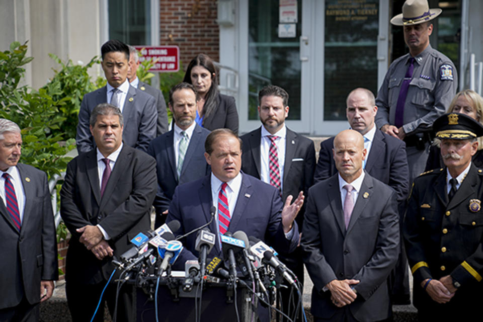 Suffolk County District Attorney Raymond Tierney speaks at a news conference to announce the identity of a victim investigators had called the "Jane Doe No. 7," as Karen Vergata, Friday, Aug. 4, 2023, in Hauppauge, New York. Law enforcement authorities said Friday they have identified a woman whose remains were found as far back as 1996 in different spots along the Long Island coast, some of them near the Gilgo Beach locations of bodies investigators believe were left by a serial killer. (AP Photo/John Minchillo)