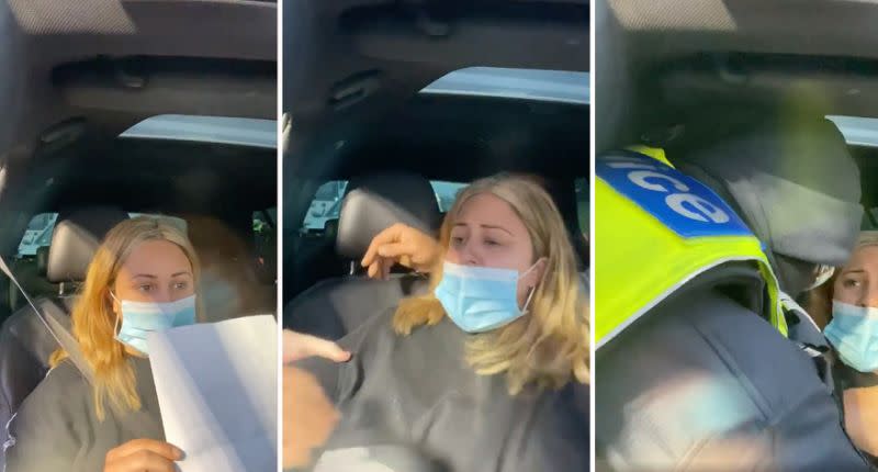 A Victoria Police officer removes Natalie Bonnett from her car.