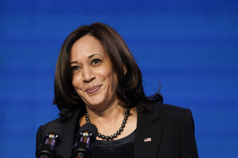 Vice President-elect Kamala Harris speaks during an event at The Queen theater in Wilmington, Del., Thursday, Jan. 7, 2021, to announce key nominees for the Justice Department. (AP Photo/Susan Walsh)