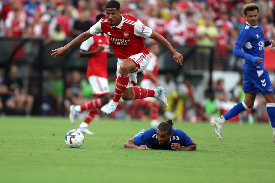 William Saliba #12 of Arsenal and Dominic Calvert-Lewin #9 of Everton go after the ball in the first half during a preseason friendly at M&T Bank Stadium on July 16, 2022 (Getty Images)