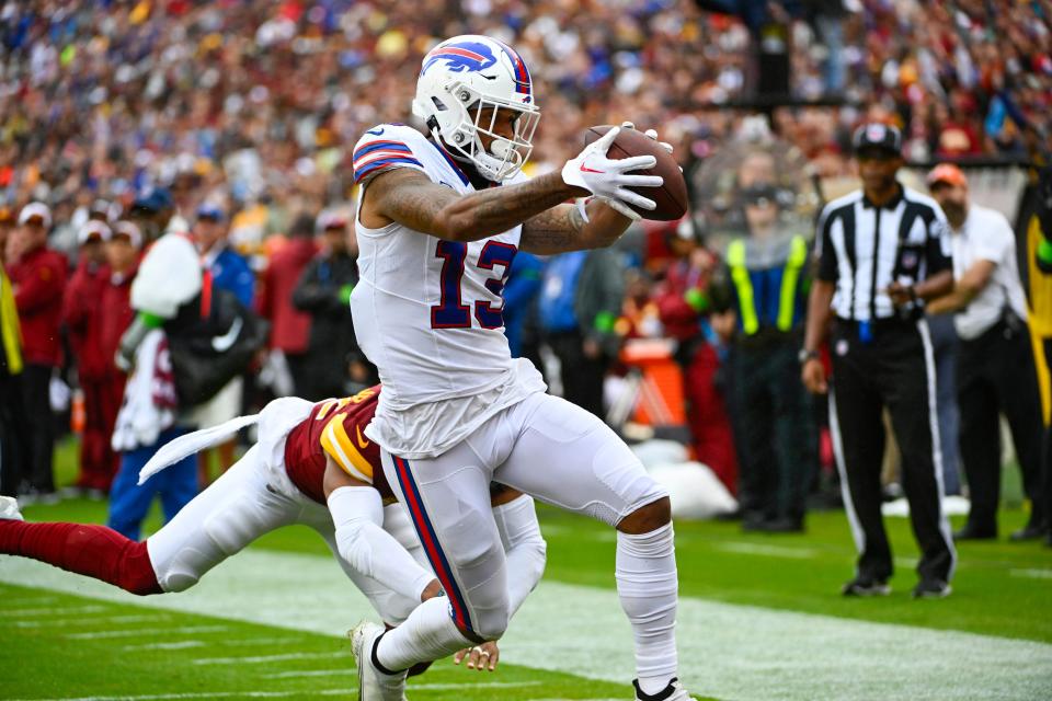Buffalo Bills wide receiver Gabe Davis (13) scores a touchdown against the Washington Commanders during the first half at FedExField.