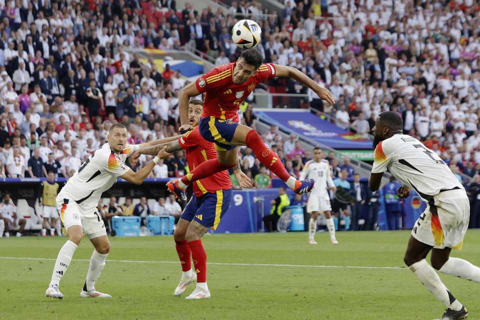 STUTTGART, GERMANY - JULY 5: Mikel Merino of Spain scores the thirth goal to make it 2-1 during the  EURO match between Spain  v Germany  at the Mercedes Benz Arena on July 5, 2024 in Stuttgart Germany (Photo by Rico Brouwer/Soccrates/Getty Images)