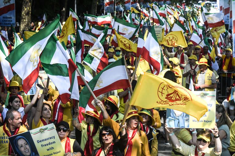 Una protesta contra el presidente iraní, Ebrahim Raisi, fuera de la sede de la ONU, en Nueva York. (Stephanie Keith/Getty Images/AFP)