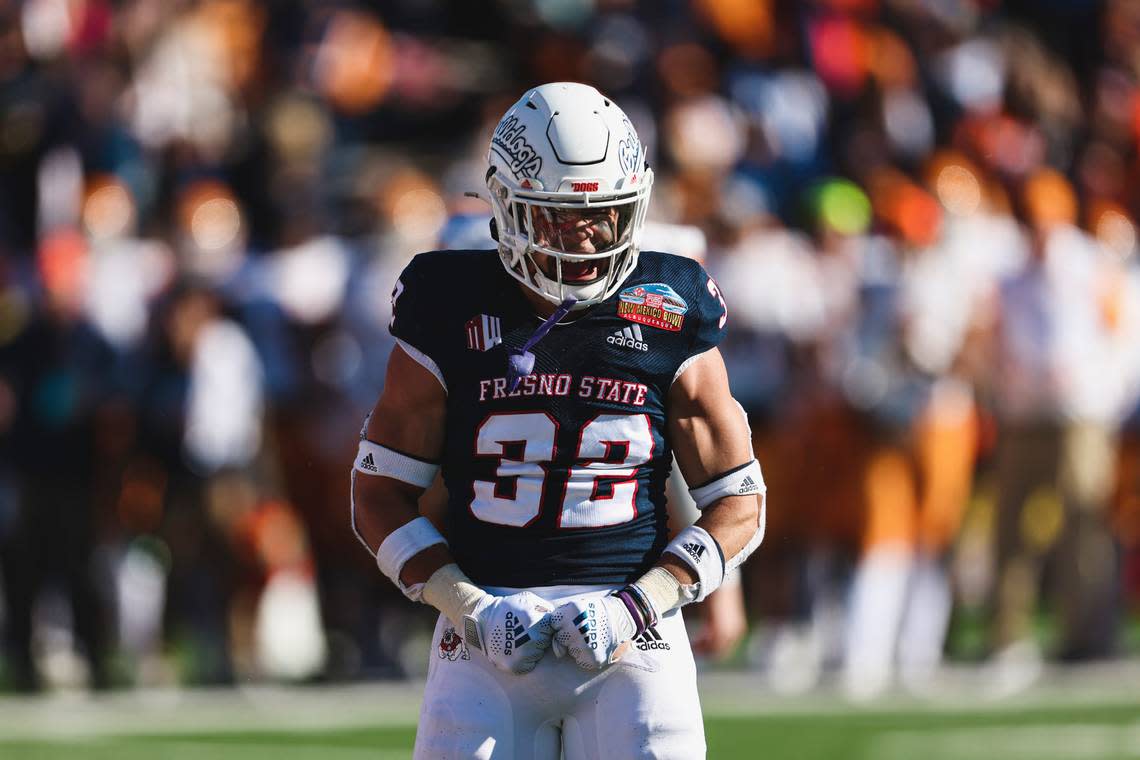 Fresno State safety Evan Williams celebrates after a big play by the Bulldogs defense in a 31-24 victory over the UTEP Miners in the New Mexico Bowl.