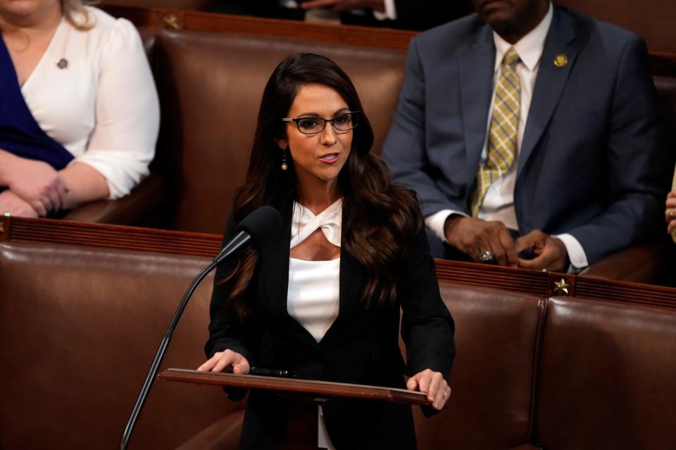 Jan 4, 2023; Washington, D.C, USA; Rep. Lauren Boebert, R-Colo., nominates Rep. Byron Donalds, R-Fla., in the House chamber for the fifth ballot as the House meets for a second day to elect a speaker. The House of Representatives reconvenes on Wednesday, Jan. 4, 2023, trying to elect a Speaker of the House as the  118th session of Congress begins. Republicans take over the U.S. House of Representatives with a slim majority and Democrats maintain a majority in the U.S. Senate.