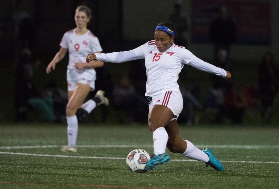 Rancocas Valley's Kennedy Garcia controls the ball during the girls soccer Coaches Tournament semifinal played between Ocean City and Rancocas Valley played at DeCou soccer complex in Cherry Hill on Wednesday, October 27, 2021.