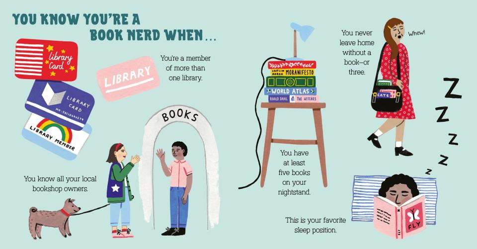 Illustration of signs "you know you're a book nerd when"