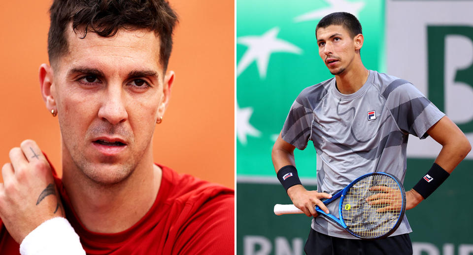 Pictured right to left, Alexei Popyrin and fellow Aussie Thanasi Kokkinakis at the French Open. 