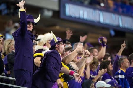 Oct 3, 2016; Minneapolis, MN, USA; Minnesota Vikings celebrate during the fourth quarter against the New York Giants at U.S. Bank Stadium. Mandatory Credit: Brace Hemmelgarn-USA TODAY Sports