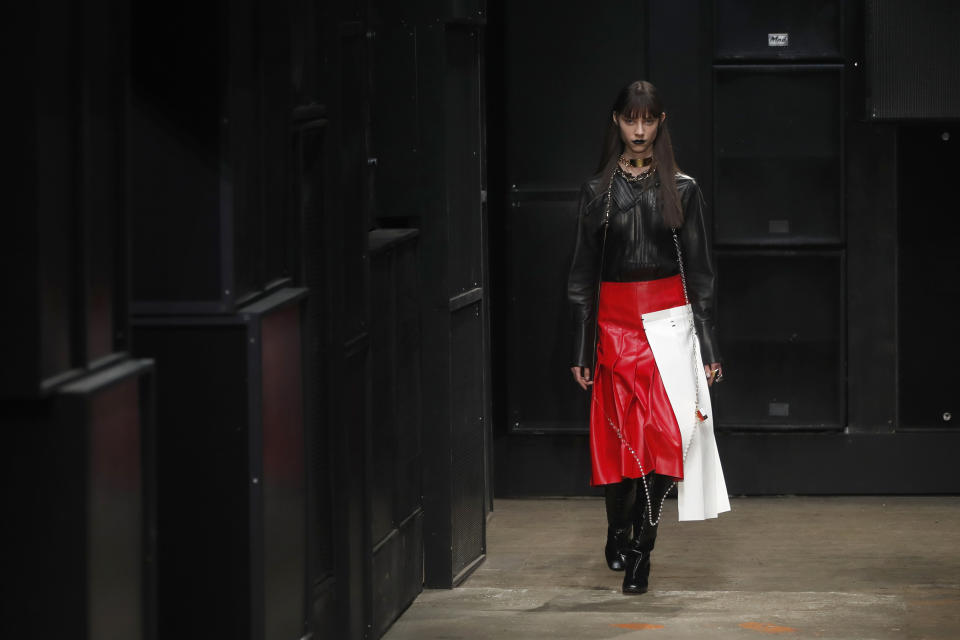 A model wears a creation as part of the Marni women's Fall-Winter 2019-2020 collection, that was presented in Milan, Italy, Thursday, Friday, Feb. 22, 2019. (AP Photo/Antonio Calanni)