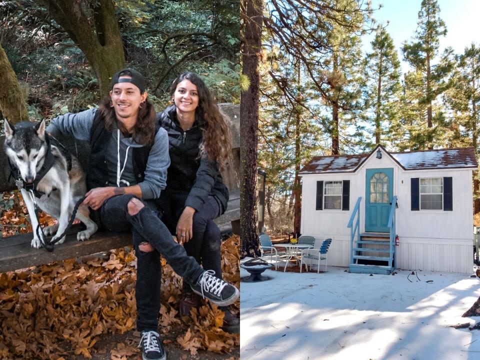 the couple and her husky posing on a bench next to a photo of a tiny home with a blue door