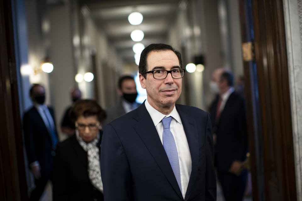 US Secretary of the Treasury Steven Mnuchin arrives for the Senate Small Business and Entrepreneurship Hearings to examine implementation of Title I of the CARES Act on Capitol Hill in Washington, DC on June 10, 2020. (Photo by Al Drago / POOL / AFP) (Photo by AL DRAGO/POOL/AFP via Getty Images)