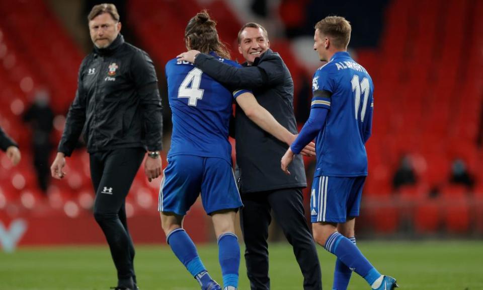 Brendan Rodgers congratulates his players after their FA Cup semi-final win