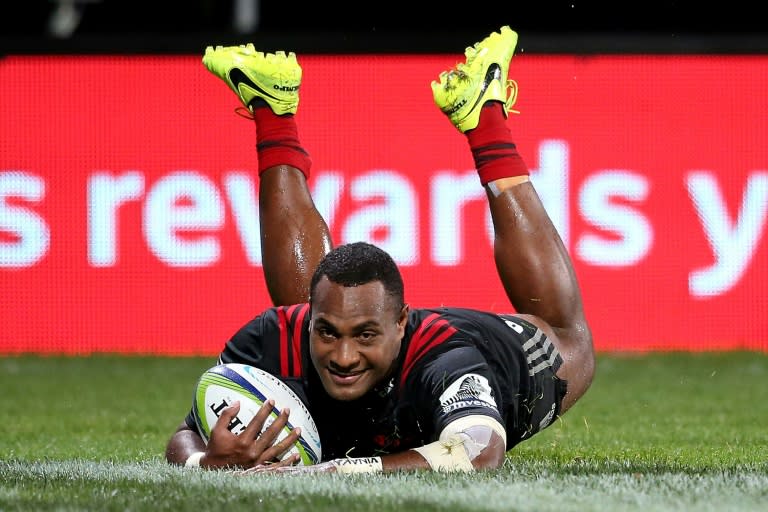 Manasa Mataele of the Canterbury Crusaders dives to score a try during a Super Rugby match in Christchurch, in April 2017