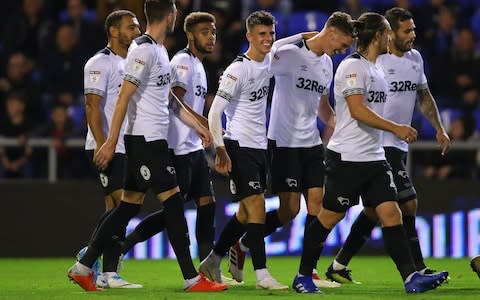 Mason Mount celebrates scoring Derby's second goal at Boundary Park - Credit: GETTY IMAGES