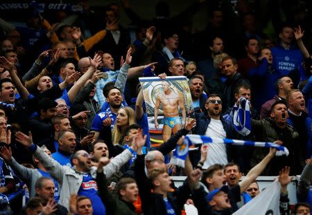 Britain Football Soccer - Manchester United v Leicester City - Barclays Premier League - Old Trafford - 1/5/16 Leicester City fans with a banner featuring Gary Lineker Reuters / Darren Staples