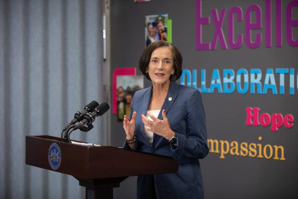 Pennsylvania Department of Human Services Secretary Val Arkoosh is pictured in Lancaster discussing changes to Medicaid and CHIP.