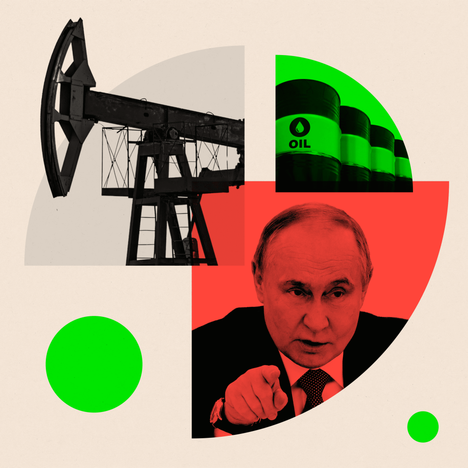 Montage showing an oil field, oil barrels and Vladimir Putin