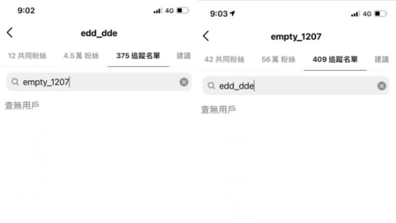 網友指出，兩人已經互退追蹤，查不到彼此帳戶。（圖／翻攝自Dcard）