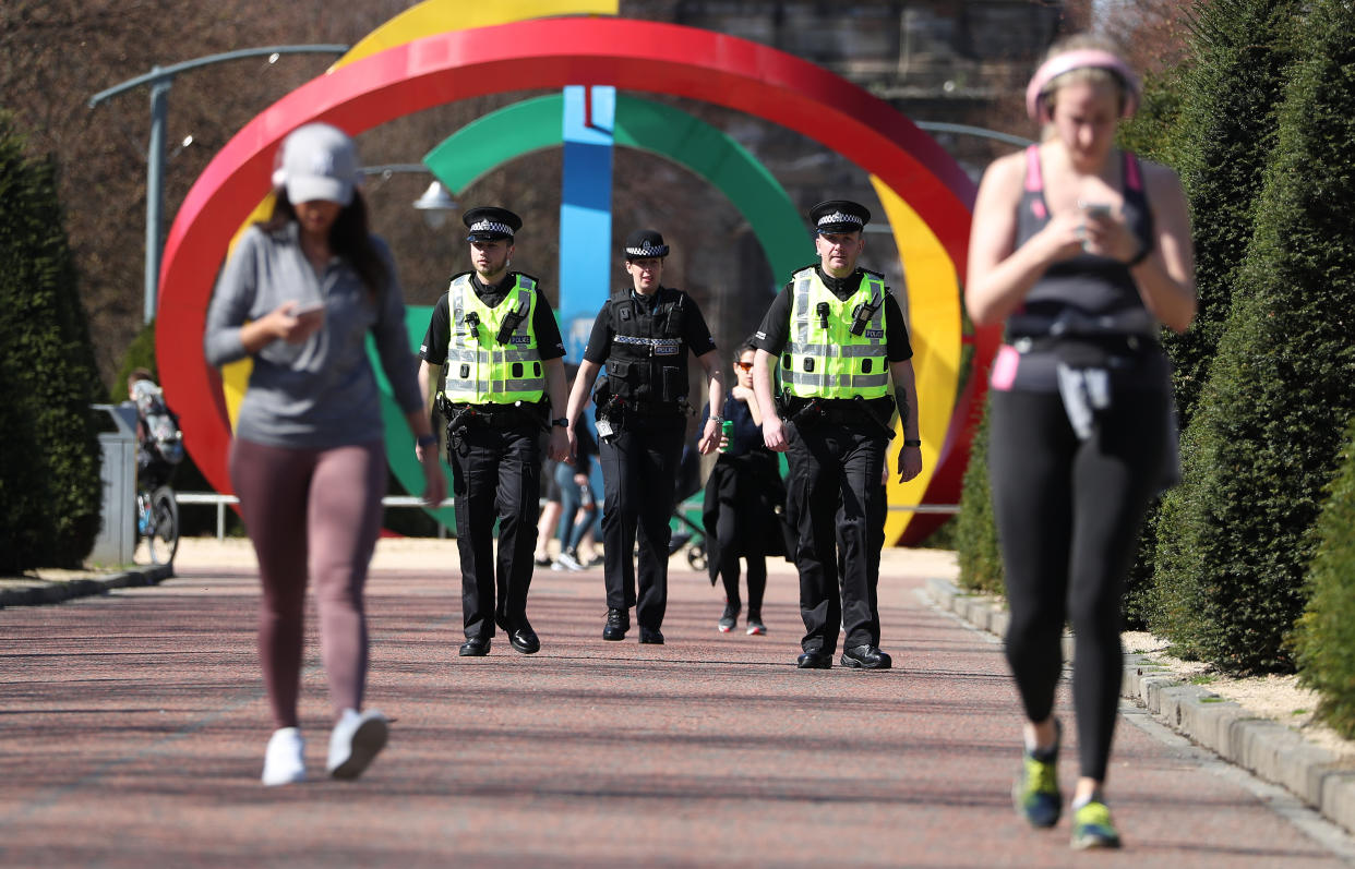 Police officers in Glasgow Green to ensure members of the public are following lockdown guidelines as the UK continues in lockdown to help curb the spread of the coronavirus.