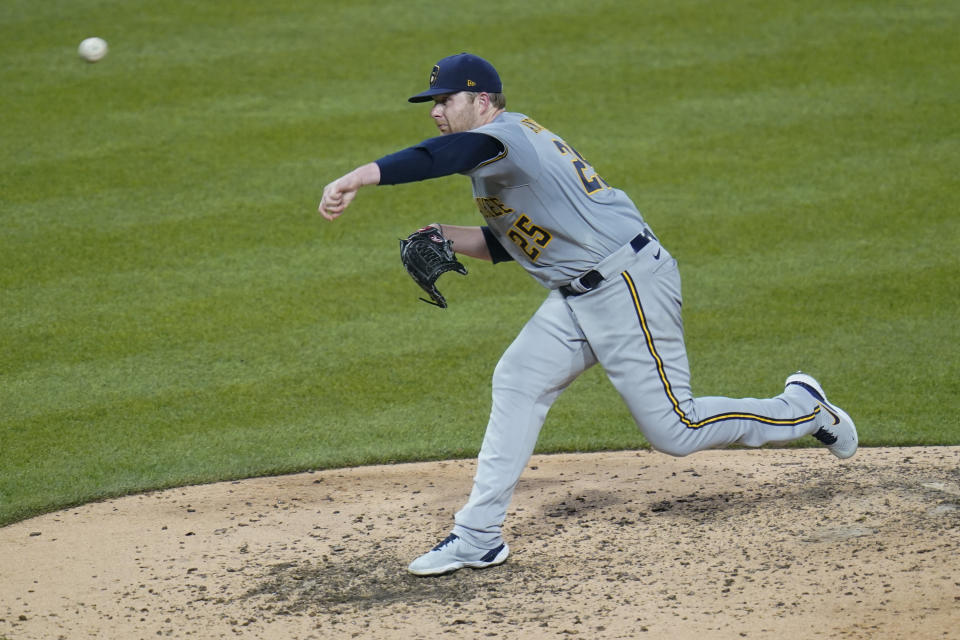 Milwaukee Brewers starting pitcher Brett Anderson throws to a Pittsburgh Pirates batter during the fifth inning of a baseball game Tuesday, July 27, 2021, in Pittsburgh. (AP Photo/Keith Srakocic)