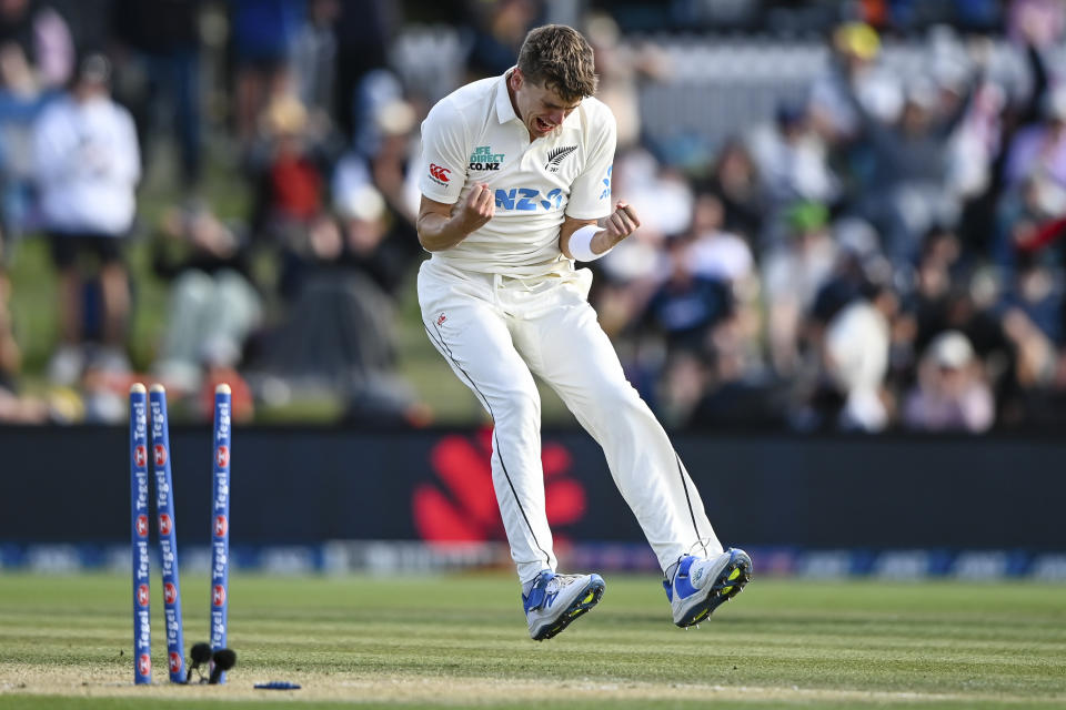 New Zealand's Ben Sears celebrates after taking the wicket of Australia's Cam Green on day three of the second cricket test between New Zealand and Australia in Christchurch, New Zealand, Sunday, March 10, 2024. (John Davidson/Photosport via AP)