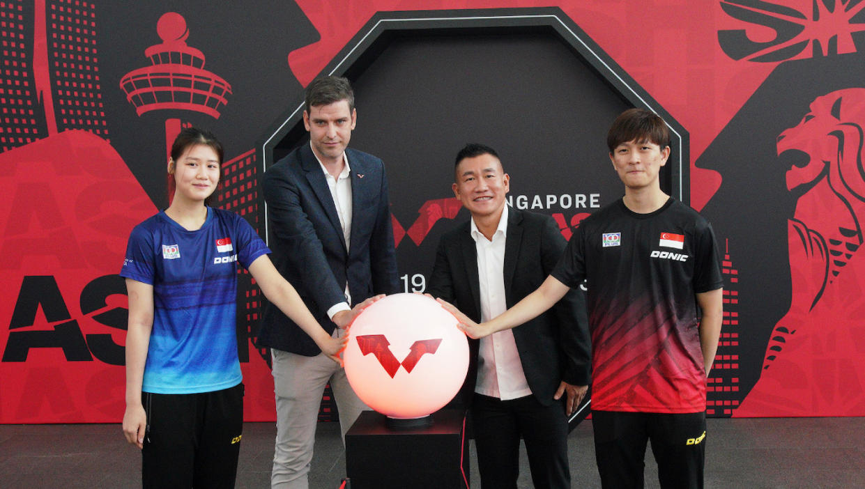 The WTT Singapore Smash 2023 launch ceremony with (from left) Singapore paddler Wong Xin Ru, WTT managing director Matt Pound, SportSG chief of industry development, technology and innovation group Roy Teo, and national paddler Clarence Chew. (PHOTO: WTT Singapore Smash)