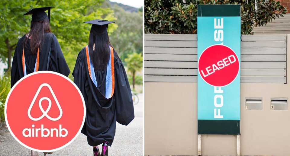 A composite image of students walking with an airbnb logo and a for lease sign with a sticker over the top to indicate the property has been rented.