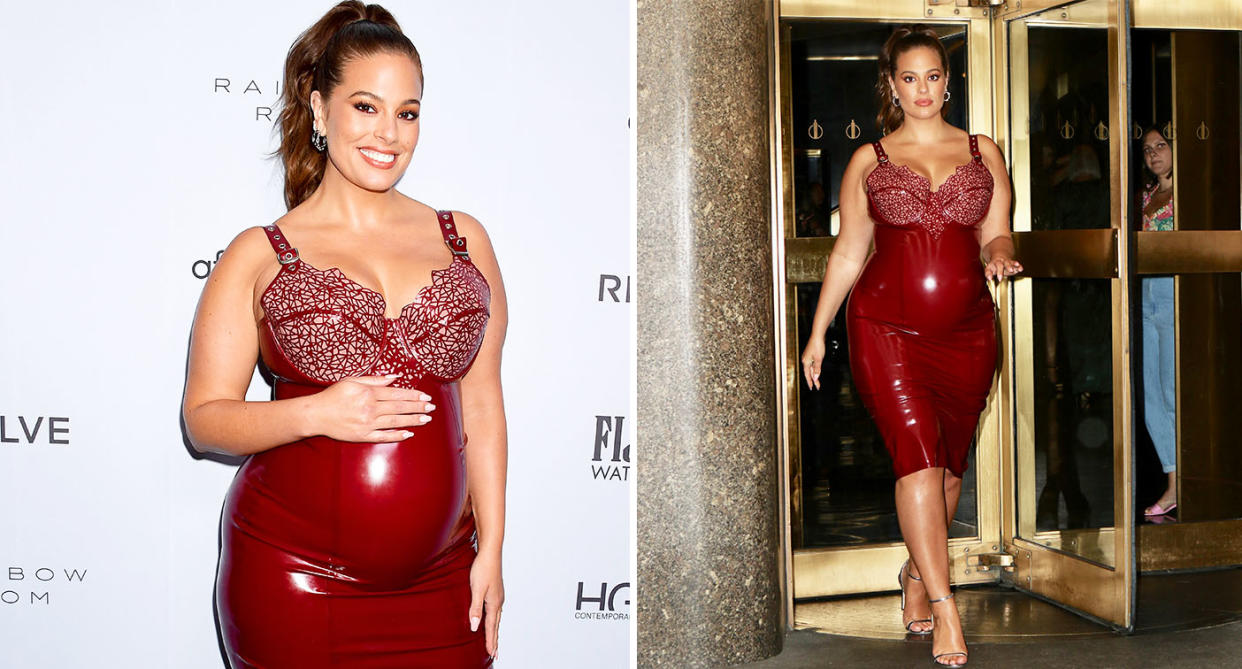 Ashley Graham showing off her baby bump in a tight latex dress. [Photo: Getty]