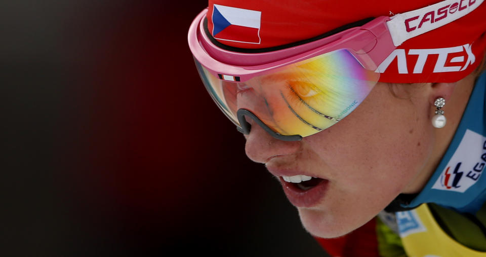 Gabriela Soukalova of Czech Republic competes during the women's Pursuit 10 km competition at the Biathlon World Cup in Ruhpolding, Germany, Sunday, Jan, 12, 2014. (AP Photo/Matthias Schrader)