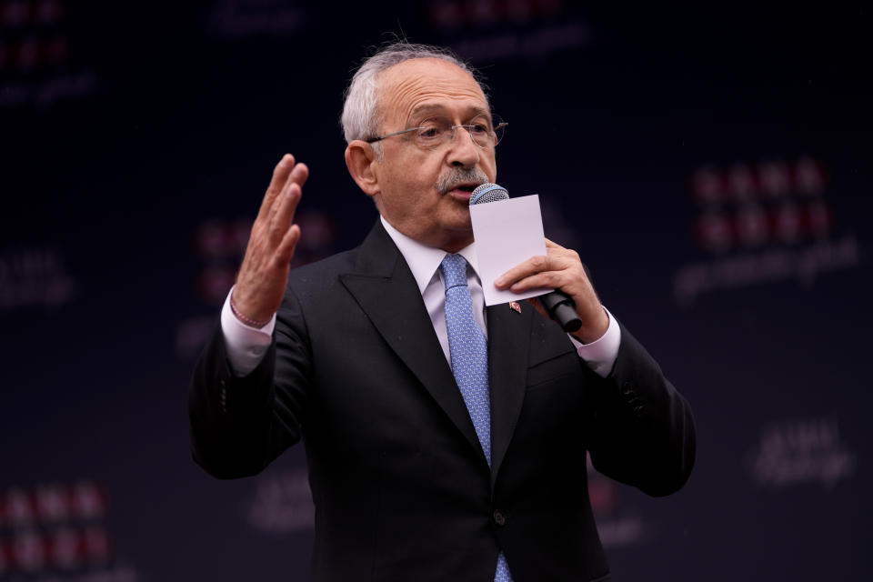 Kemal Kilicdaroglu, leader of Turkey's main opposition Republican People's Party, CHP, speaks at a campaign rally in Tekirdag, Turkey, on Thursday, April 27, 2023. Kilicdaroglu, the main challenger to President Recep Tayyip Erdogan in the May 14 election, cuts a starkly different figure than the incumbent who has led the country for two decades. As the polarizing Erdogan has grown increasingly authoritarian, Kilicdaroglu has a reputation as a bridge builder and vows to restore democracy. (AP Photo/Francisco Seco)