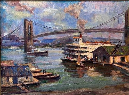 An exhibition of works by Joe Rogers runs through July 15 at Mary Ran Gallery in Hyde Park. Pictured: Downtown Cincinnati, Joe Rogers (oil on canvas).