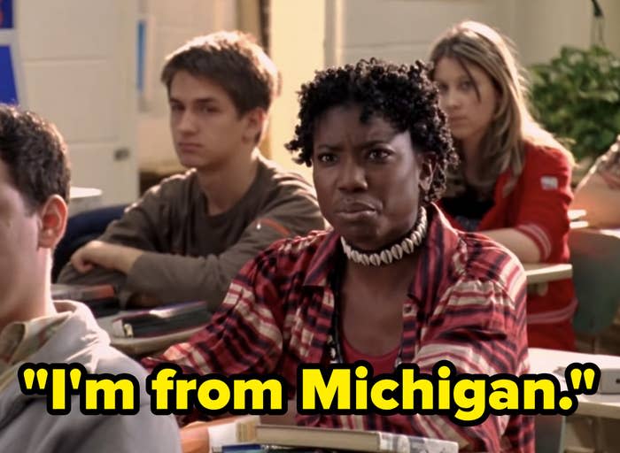 A Black girl saying, "I'm from Michigan."