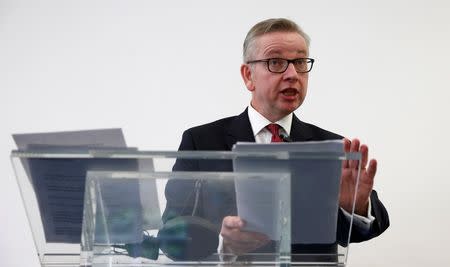 Britain's Justice Secretary, Michael Gove, delivers his speech after announcing his bid to become Conservative Party leader, in London, Britain July 1, 2016. REUTERS/Peter Nicholls