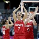 Turkey's Nilay Kartaltepe (7) and Esmeral Tuncluer (9) celebrate with tammates after their win over the Czech Republic in a preliminary women's basketball game at the 2012 Summer Olympics, Monday, July 30, 2012, in London. (AP Photo/Eric Gay)