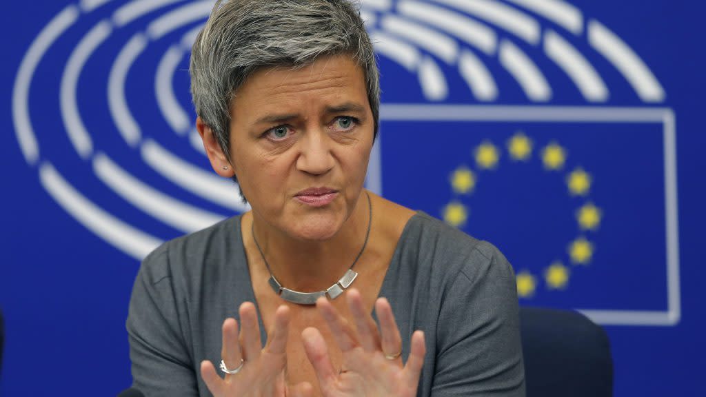 European Competition Commissioner Vestager holds a news conference on the takeover of Alstom?s power businesses by U.S. conglomerate General Electric at the European Parliament in Strasbourg
