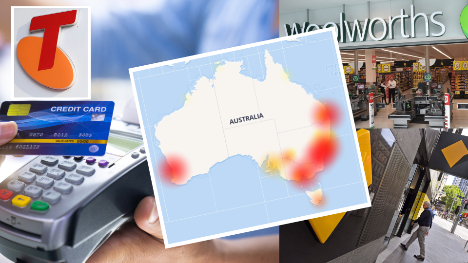 Pictured: Woolworths and the Commonwealth Bank are among the businesses affected by Telstra's EFTPOS outage. Images: Getty, Down Detector