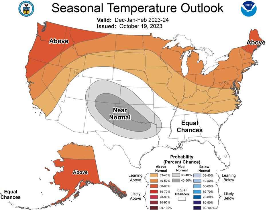 Map showing the December through February temperature probability for the U.S.