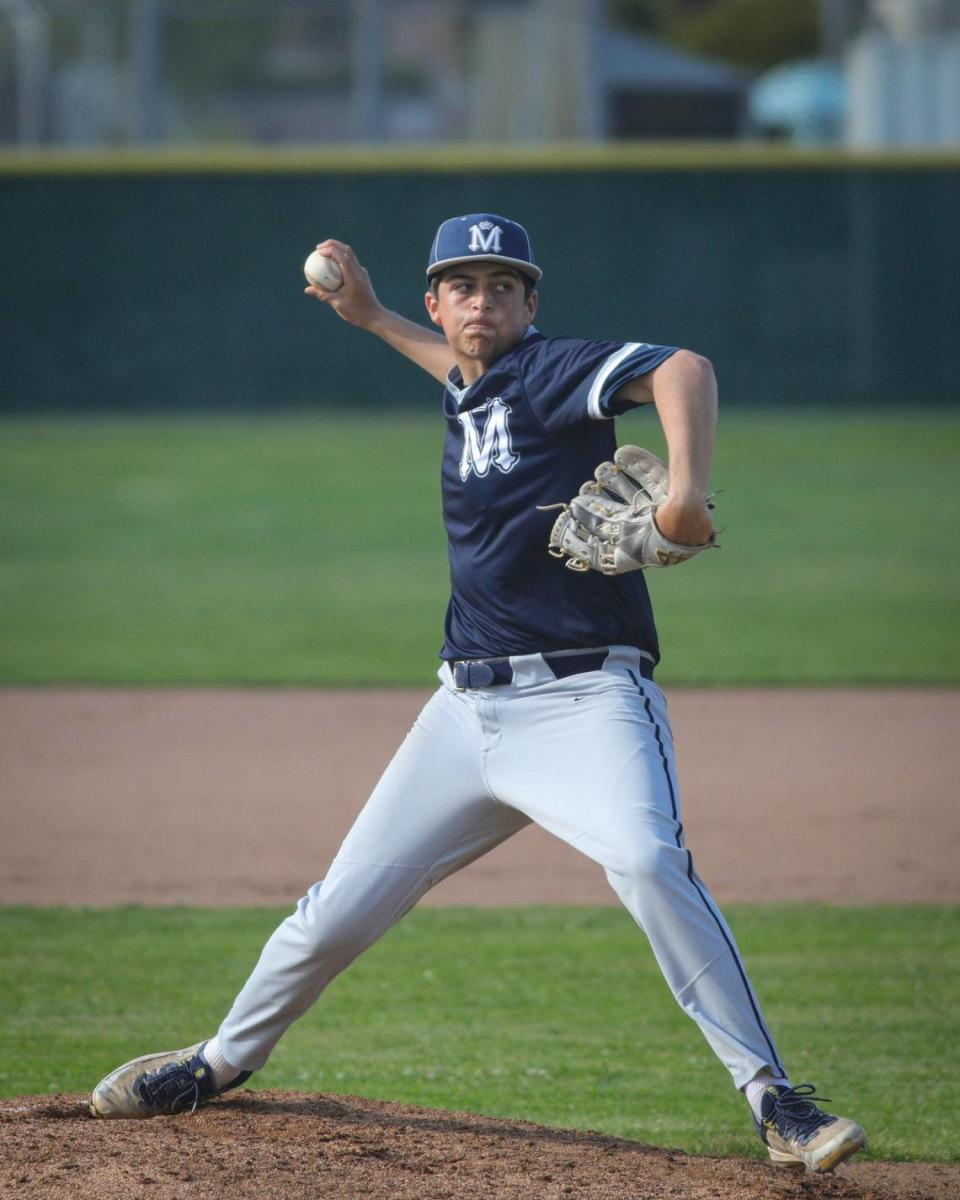 Joe Villa pitches. Mission Prep lost a 6-5 decision to Pioneer Valley in a baseball game that went 11 innings May 10, 2024.