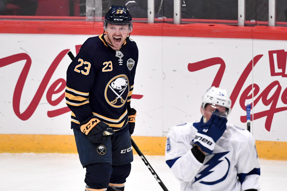 Buffalo Sabres' Sam Reinhart (23) celebrates his goal against the Tampa Bay Lightning during an NHL hockey game in Globen Arena, Stockholm Sweden. Friday. Nov. 8, 2019. (Anders Wiklund/TT via AP)