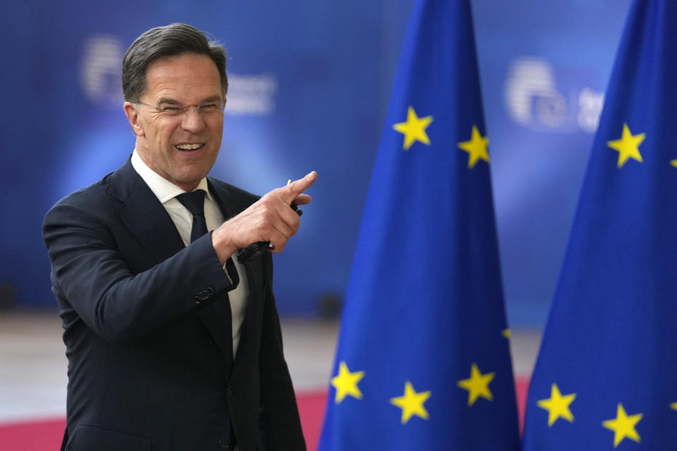 FILE - Netherland's Prime Minister Mark Rutte arrives for an EU summit in Brussels, Wednesday, April 17, 2024. NATO on Wednesday, June 26, 2024 appointed Mark Rutte as its next secretary-general, putting the outgoing Dutch prime minister in charge of the world's biggest security organization at a critical time for European security as war rages in Ukraine. (AP Photo/Virginia Mayo, File)