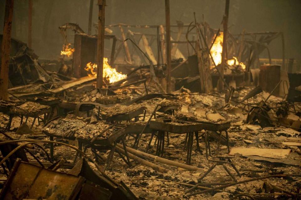 Devastation is seen at Berry Creek Elementary School in Berry Creek, Calif., on Wednesday, Sept. 9, 2020, after it was destroyed by the Bear Fire overnight. The blaze, part of the larger North Complex burning in Northern California, exploded in size Tuesday night and into Wednesday, forcing evacuation warnings and orders for at least 20,000 people in Butte County and reportedly inflicting widespread damage on the foothill community of Berry Creek.