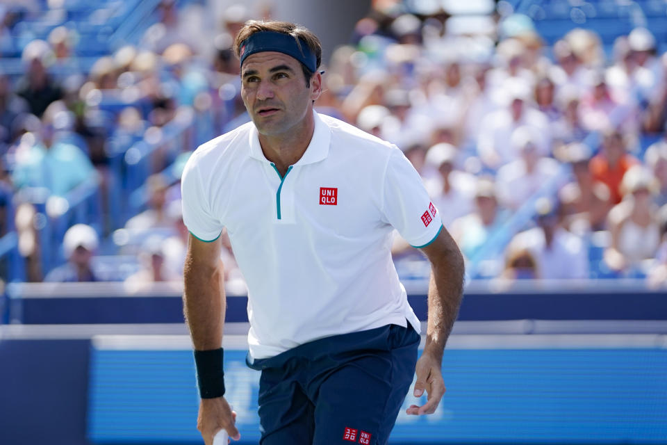 FILE - In this Aug. 15, 2019, file photo, Roger Federer, of Switzerland, reacts during a match against Andrey Rublev, of Russa, during the quarterfinals of the Western & Southern Open tennis tournament in Mason, Ohio. Federer heads into the U.S. Open with only one match victory during his preparation. That is just one many reasons why this U.S. Open is as unpredictable as any as it begins Monday, Aug. 26, 2019. (AP Photo/John Minchillo, File)