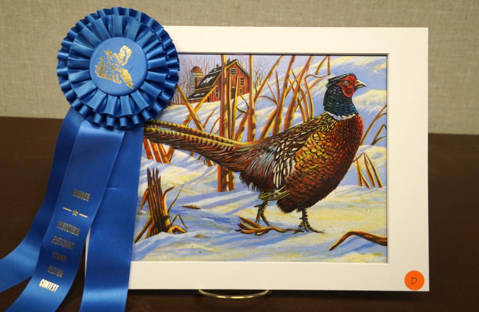 Robert Wilkens of New Holstein won the 2024 ring-necked pheasant  stamp contest with this painting of a rooster in a snowy farm field.