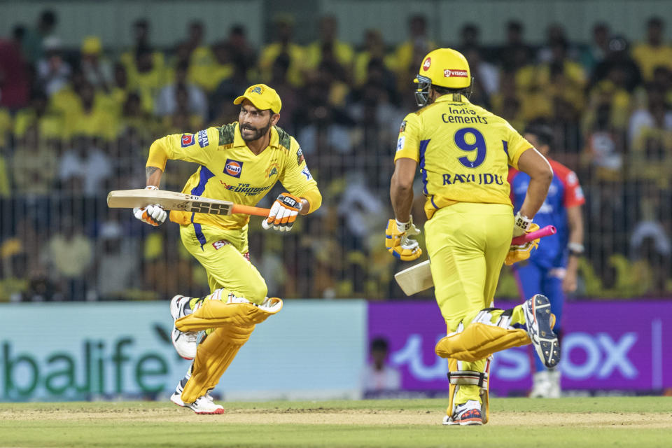 Chennai Super Kings' Ravindra Jadeja and Ambati Rayudu run between the wickets during the Indian Premier League cricket match between Delhi Capitals and Chennai Super Kings in Chennai, India, Wednesday, May 10, 2023. (AP Photo /R. Parthibhan)