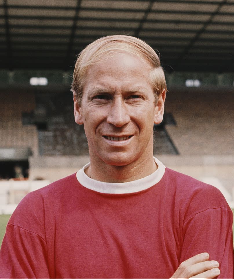 Bobby Charlton posed on the pitch at United&apos;s Old Trafford stadium in Manchester, England in July 1968 prior to the start of the 1968-69 football season
