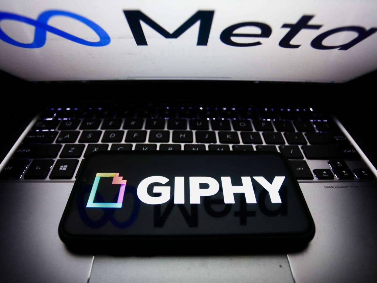 Illustration of laptop with Meta and Giphy logos.
